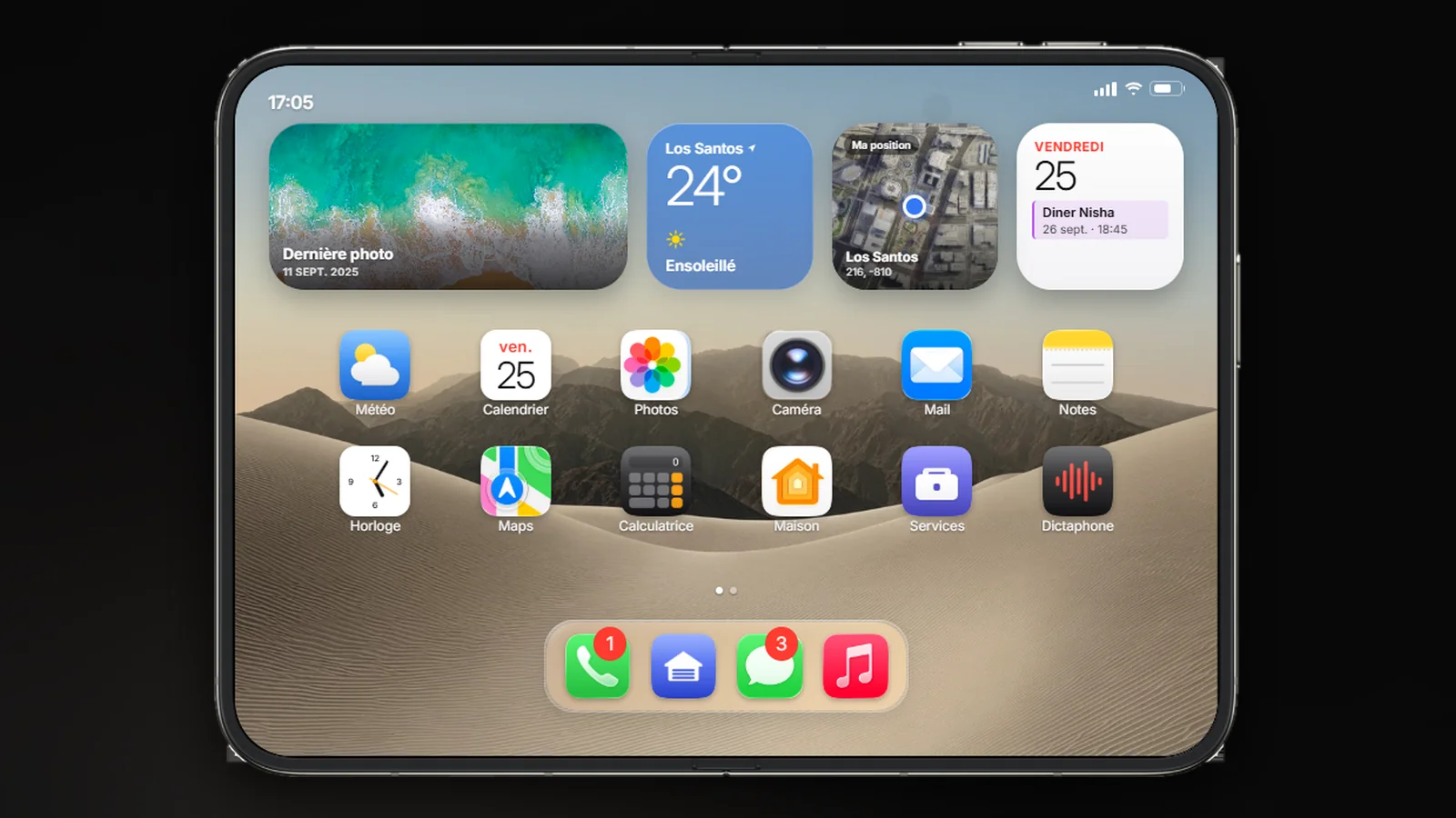 LOOP Origin : Le téléphone pliable : widgets, applications et dock, dans un style iOS récent.
