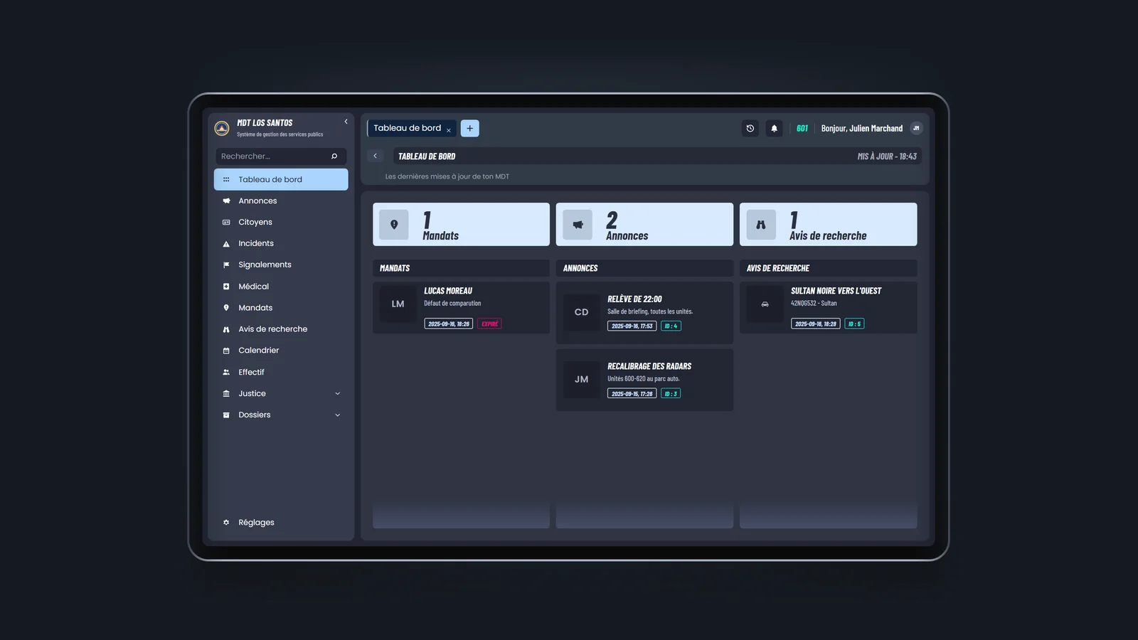 LOOP Street : Le MDT de la police : tableau de bord, mandats, annonces et avis de recherche.