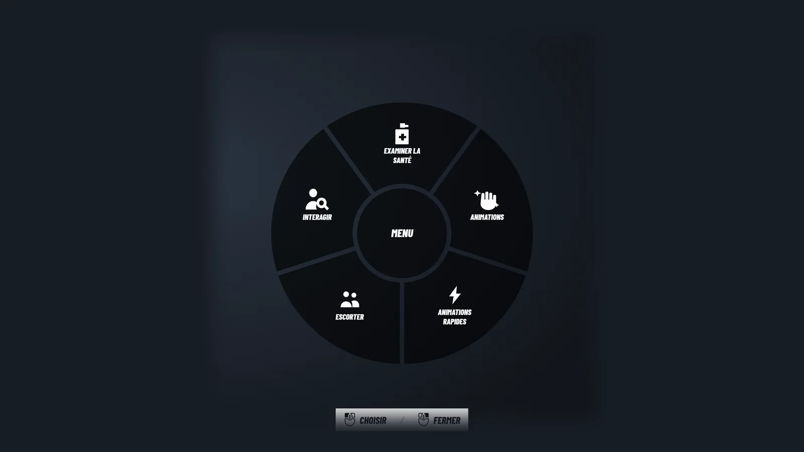 LOOP Street : Le menu radial d'interaction : santé, animations, escorte.