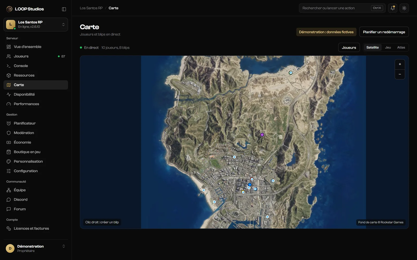 Panel LOOP, page Carte en direct