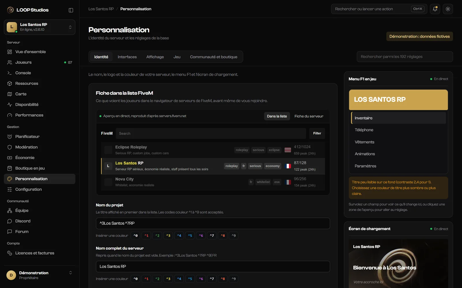 Panel LOOP, page Personnalisation